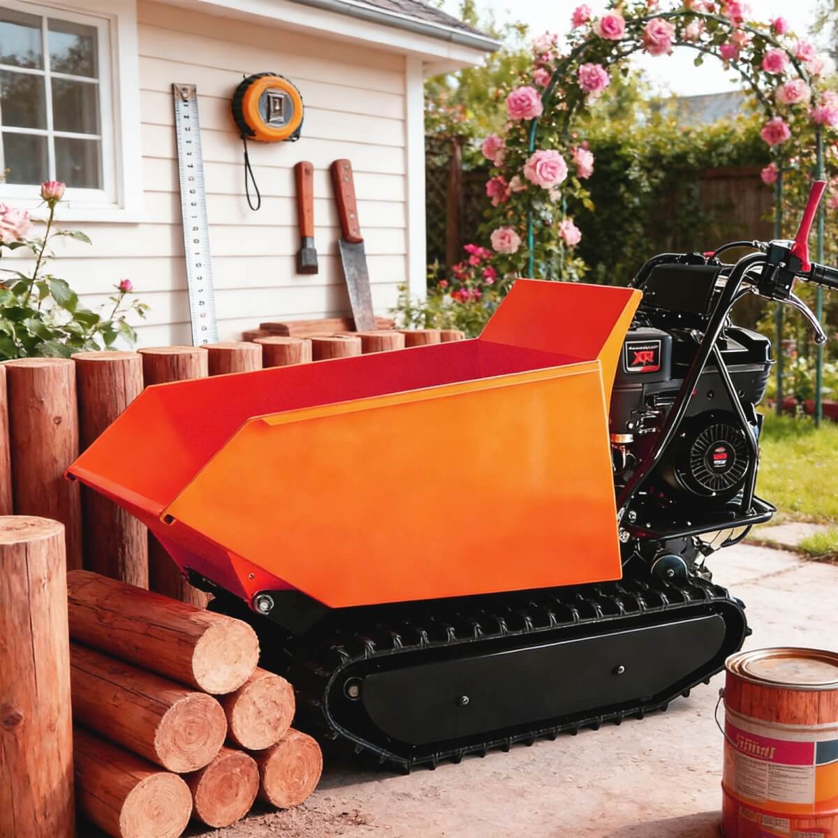 Small Track Mini Dumper machine with an orange bed in a backyard setting