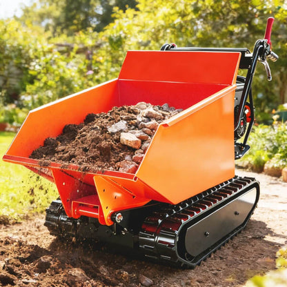 Small orange Track Mini Dumper filled with soil in a garden setting