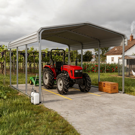Red tractor parked under a metal carport with a vineyard in the background