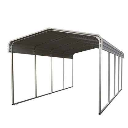 Metal carport structure with a dark roof on a white background