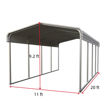 Metal carport with dimensions labeled on a white background