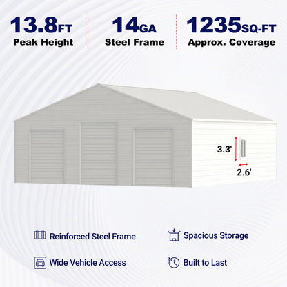 39' x 39' Metal Garage Shed & Barn with 3 Rolling Doors