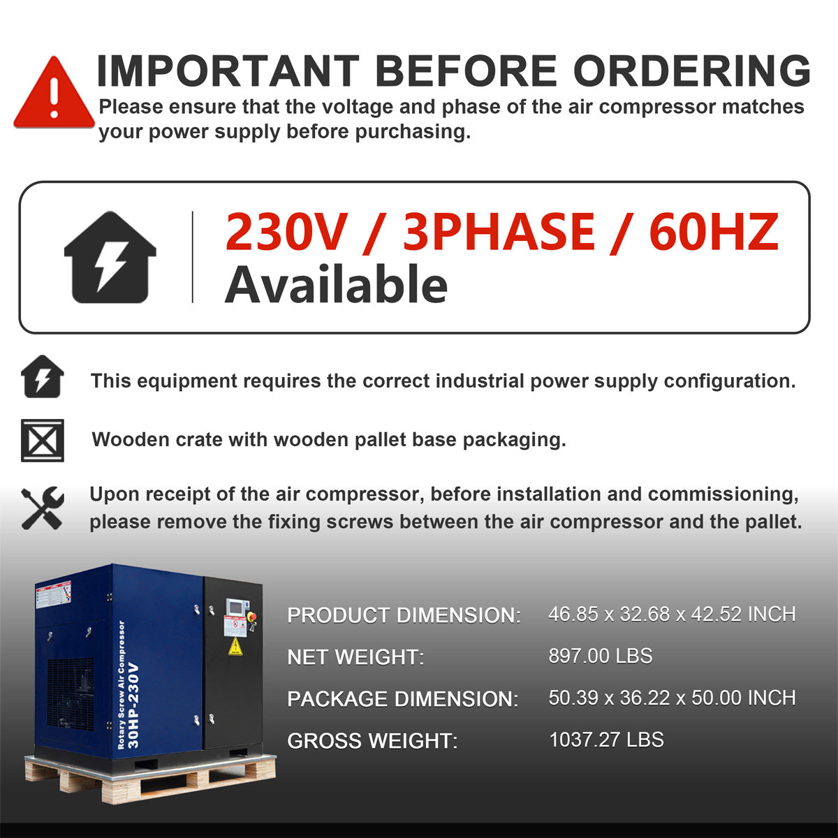 A product information graphic for an industrial air compressor. 