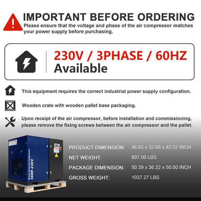 A product information graphic for an industrial air compressor. 