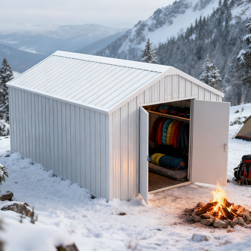 Small shed in a snowy landscape with camping gear inside and a fire outside.