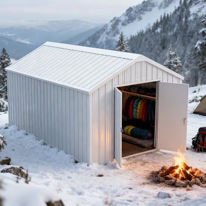 Small shed in a snowy landscape with camping gear inside and a fire outside.