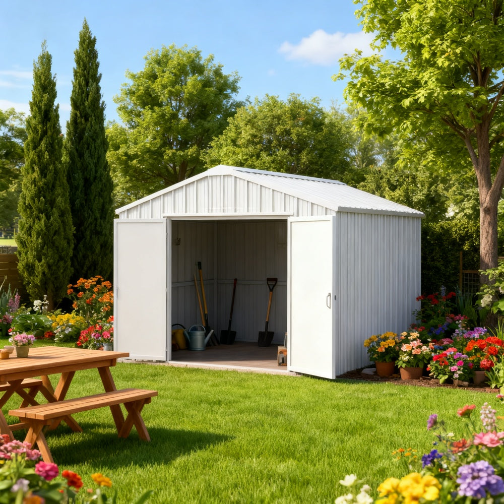 White garden shed with tools inside, surrounded by a lush garden with flowers and a picnic table.
