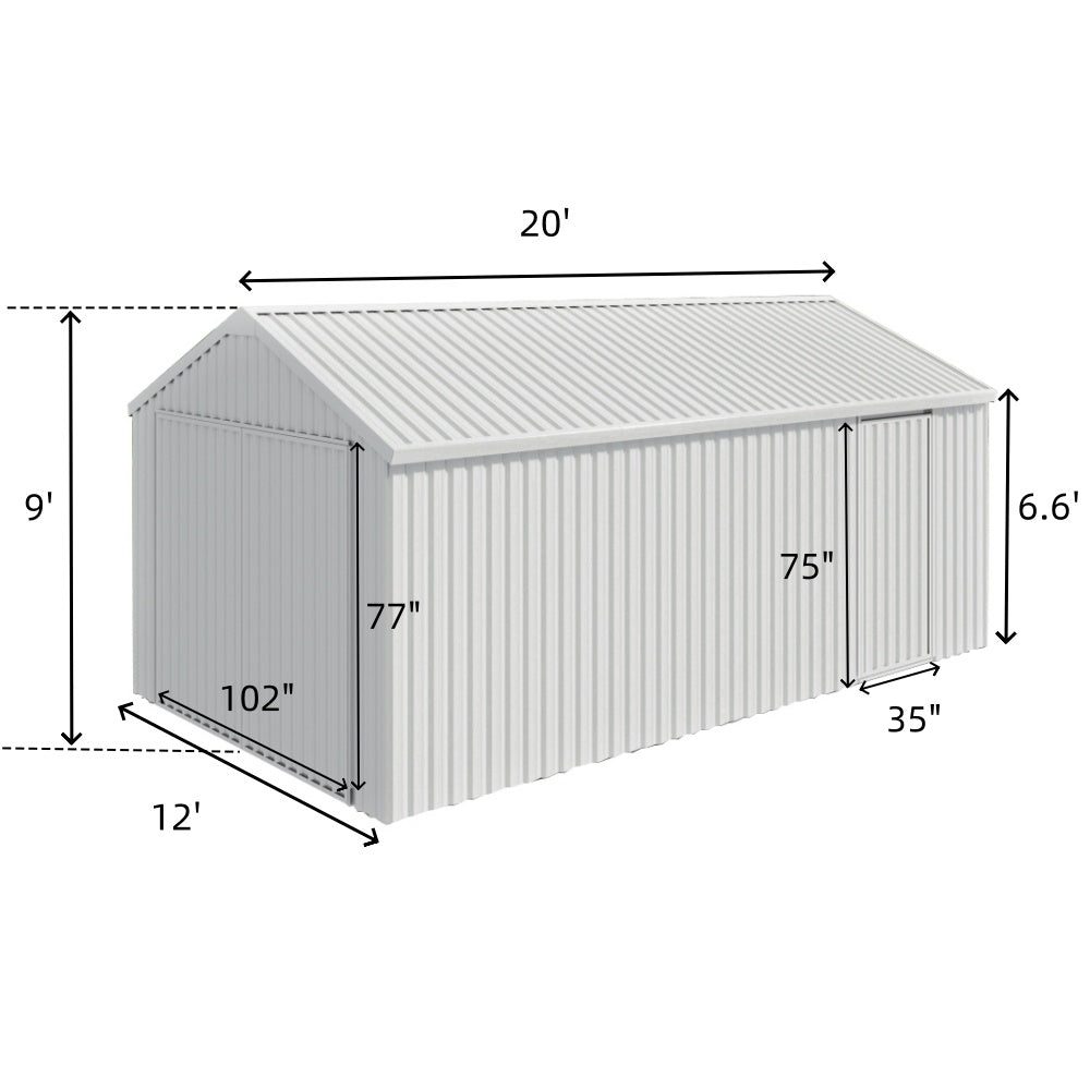 Dimensions of a metal shed with measurements labeled on a white background