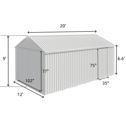 Dimensions of a metal shed with measurements labeled on a white background