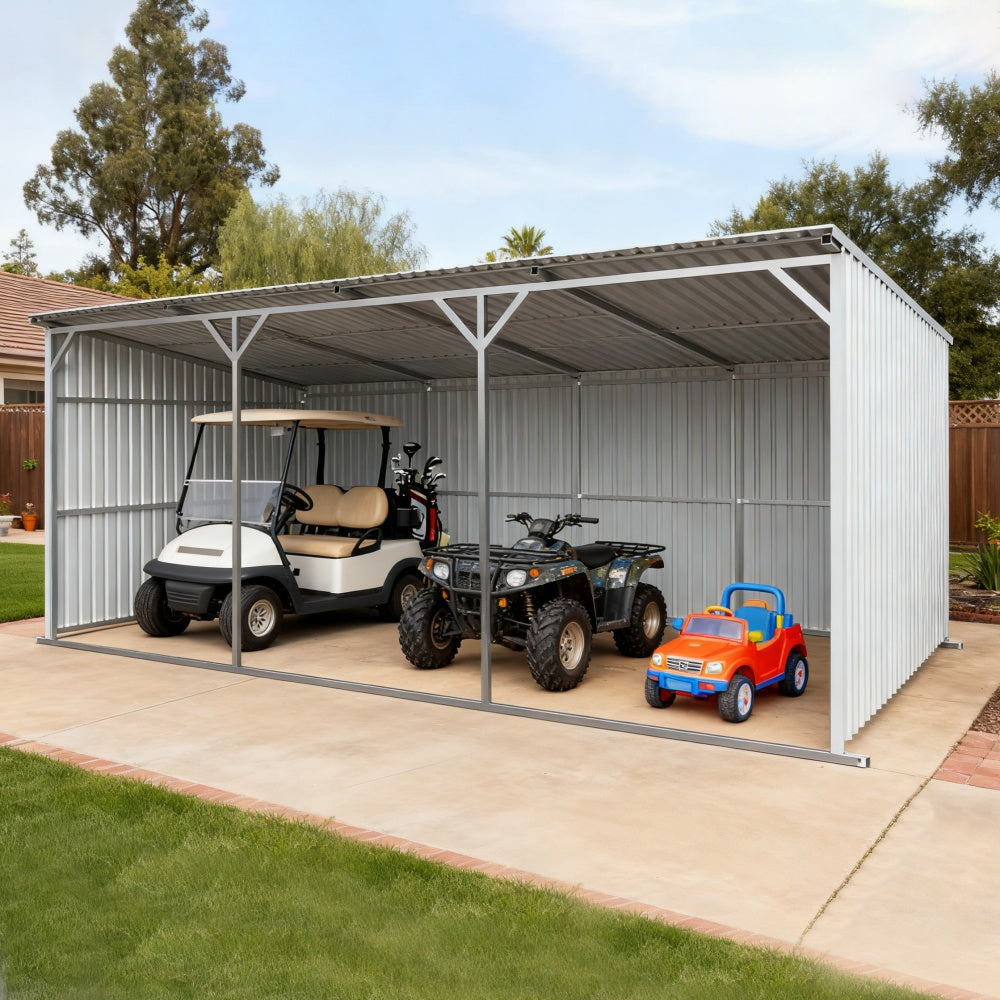 Metal carport with a golf cart, ATV, and toy car inside on a sunny day.