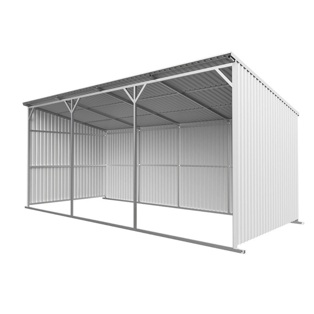 Metal storage shed with a slanted roof on a white background
