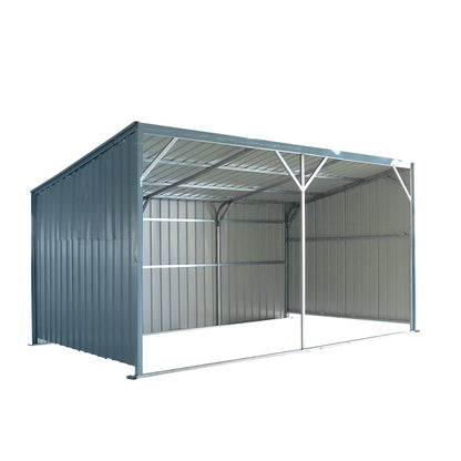 Metal storage shed with a slanted roof on a white background