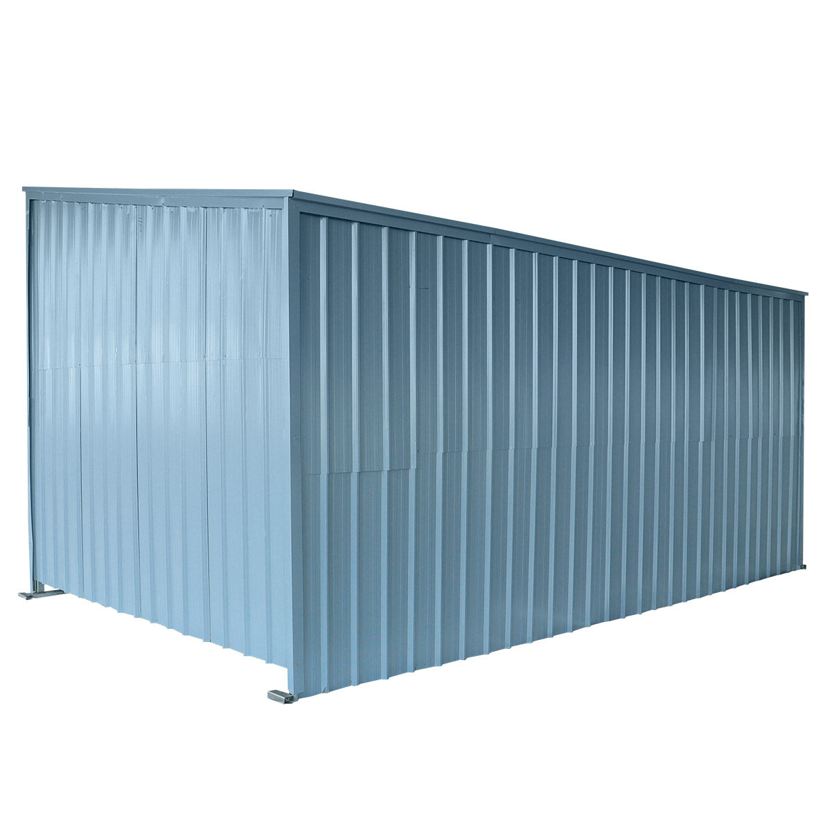 Blue metal storage shed on a white background