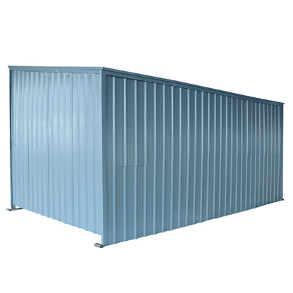 Blue metal storage shed on a white background