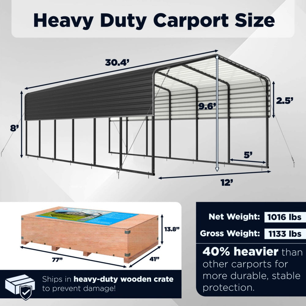 12'x30' Metal Carport with Corrugated Roof