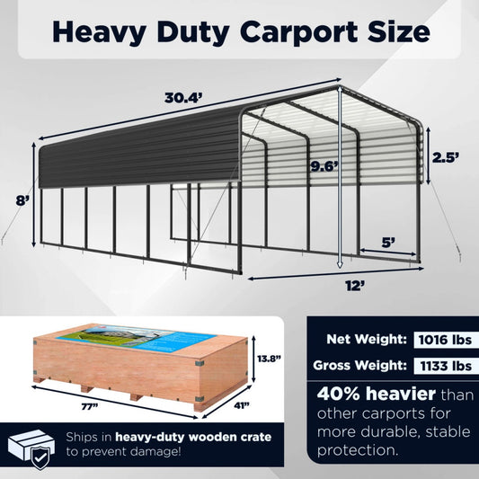 12'x30' Metal Carport with Corrugated Roof