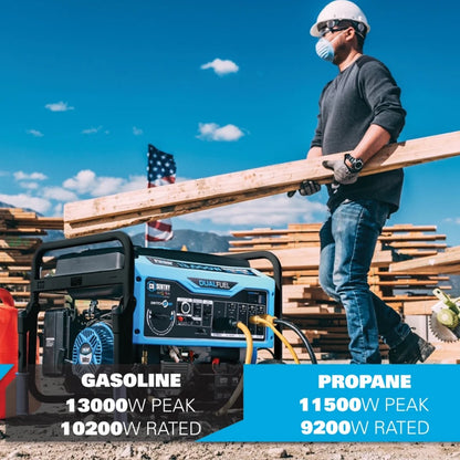 A man in a construction setting carries a wood beam beside a portable generator.