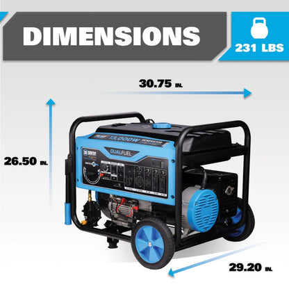 A blue and black portable dual-fuel generator is shown with dimension