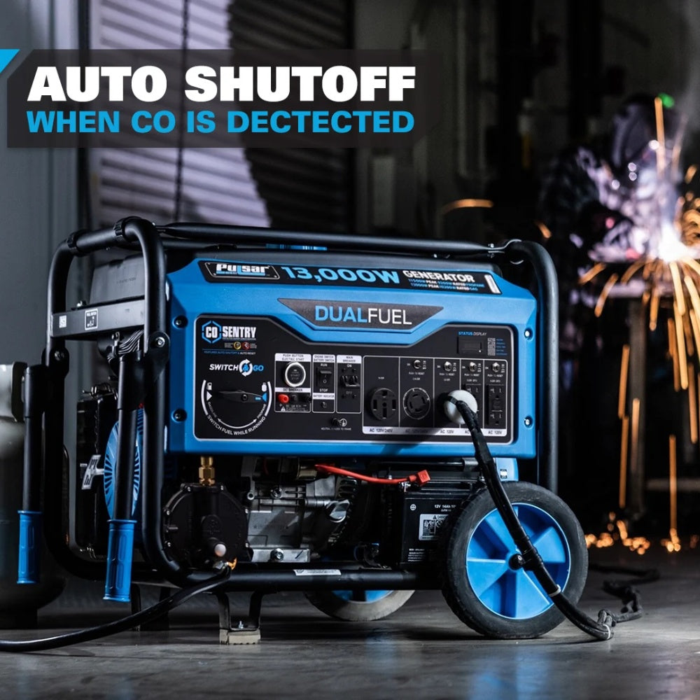 A blue and black Sentry 13,000W dual fuel generator with a wheel, shown in a workshop