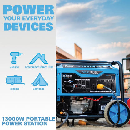 Blue and black portable dual-fuel generator with wheels