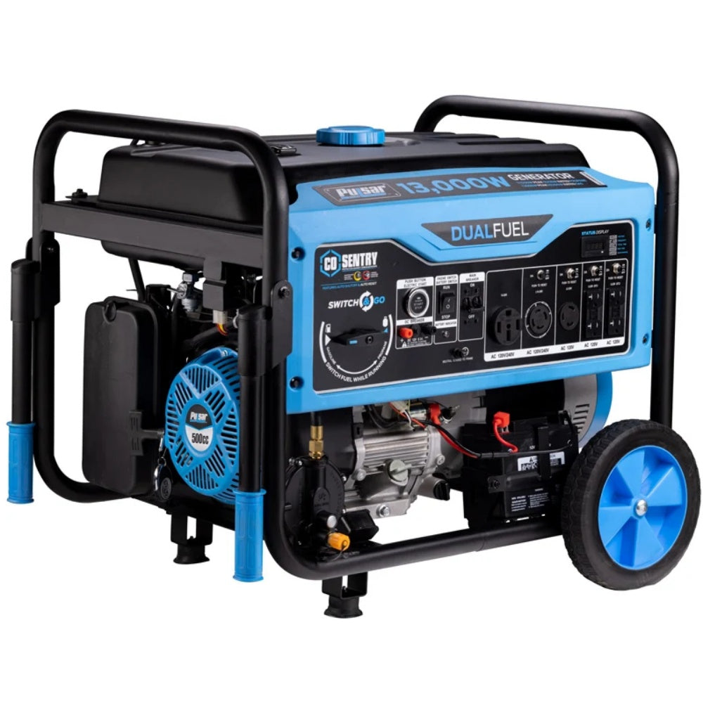 A portable dual-fuel generator with a blue and black body