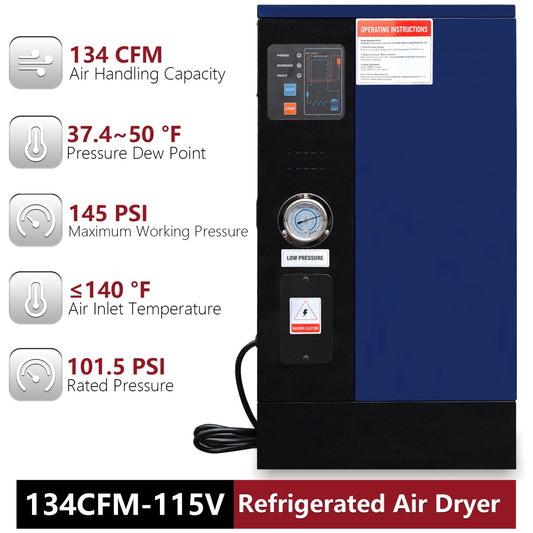 Blue refrigerated air dryer for air compressor with labeled features on a white background