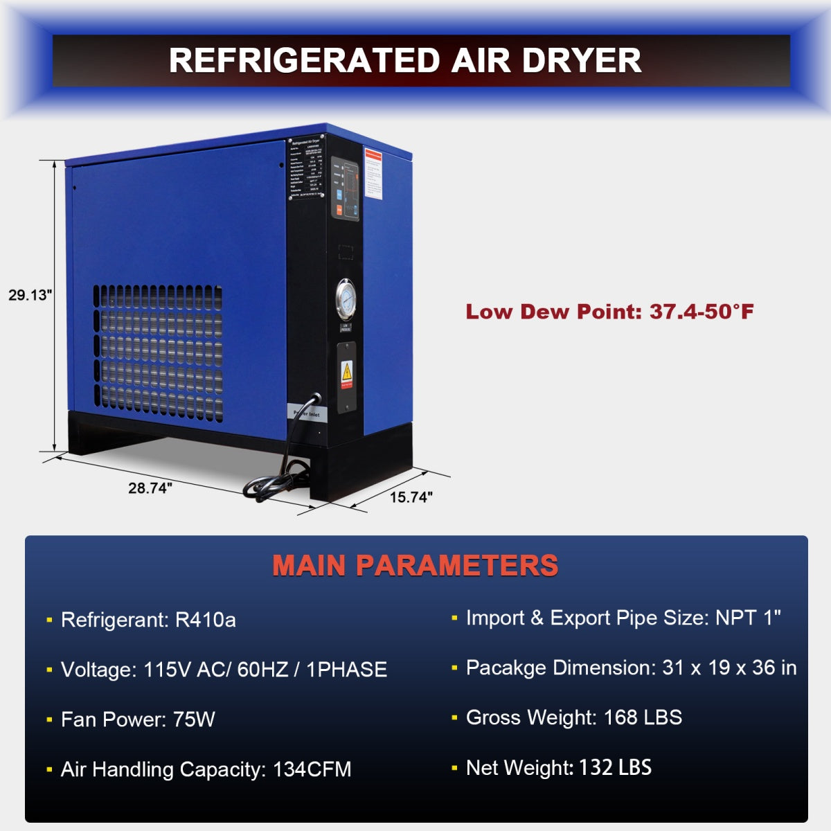 134CFM Refrigerated Air Dryer for 20HP & 30HP Compressors