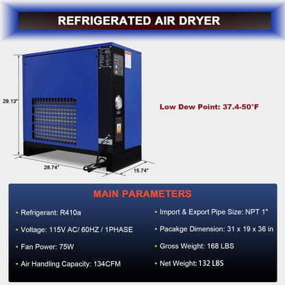 134CFM Refrigerated Air Dryer for 20HP & 30HP Compressors
