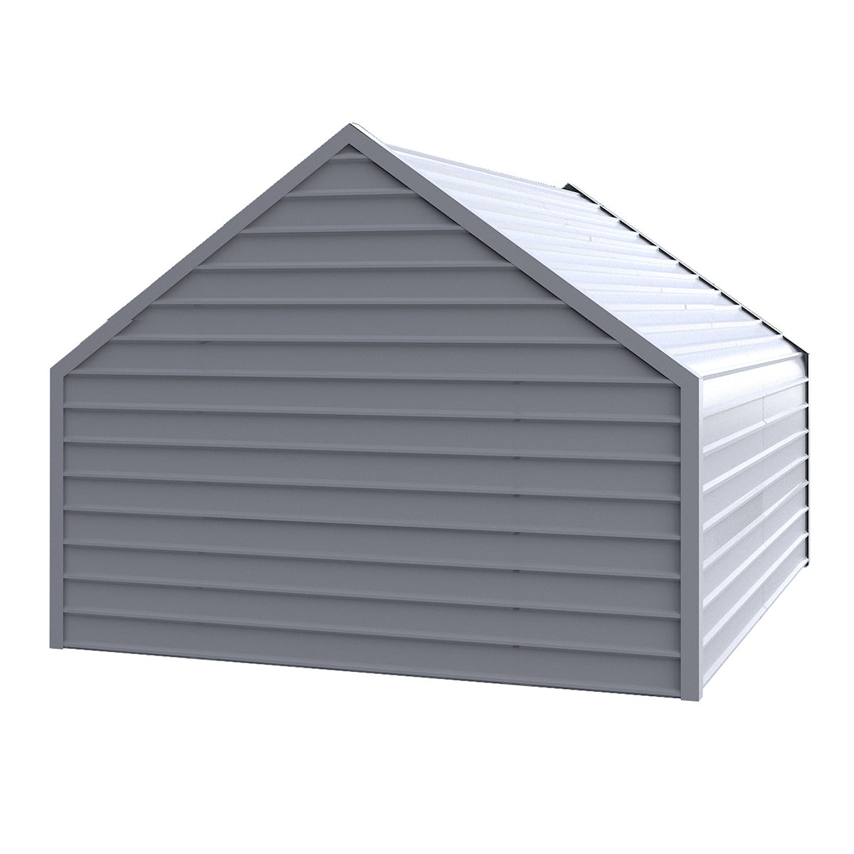 Gabled shed with gray siding and white roof on a white background