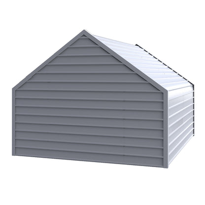 Gabled shed with gray siding and white roof on a white background