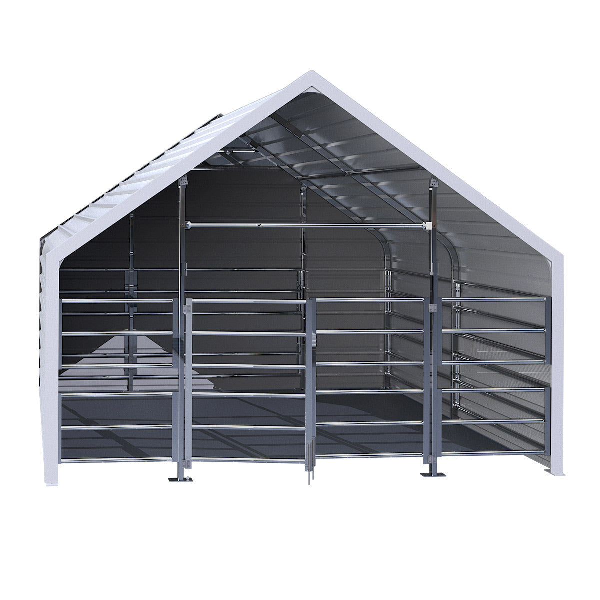 Metal horse shelter with white roof on a white background