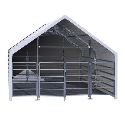 Metal horse shelter with white roof on a white background