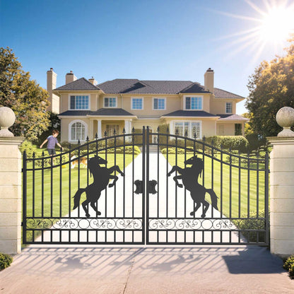 14 ft steel dual swing driveway gate with horse pattern for a residential property