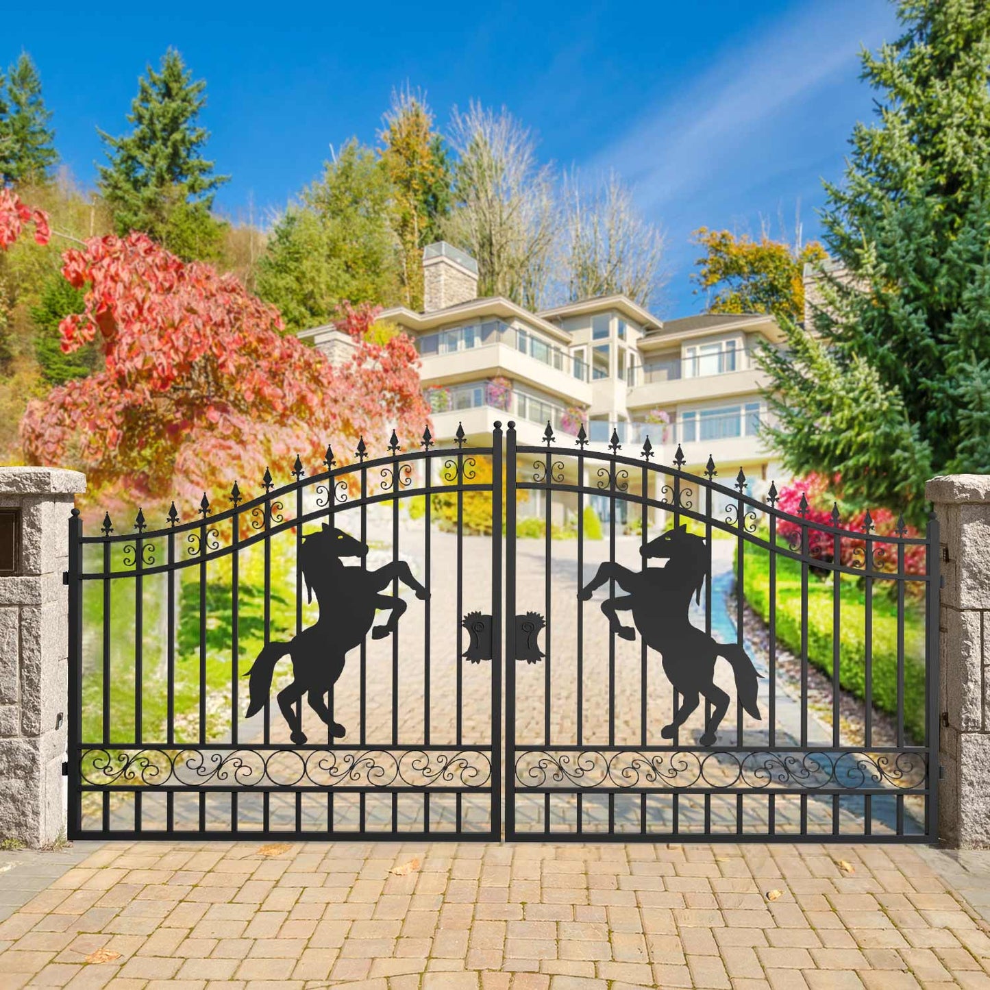14 ft steel dual swing driveway gate with horse pattern for homes