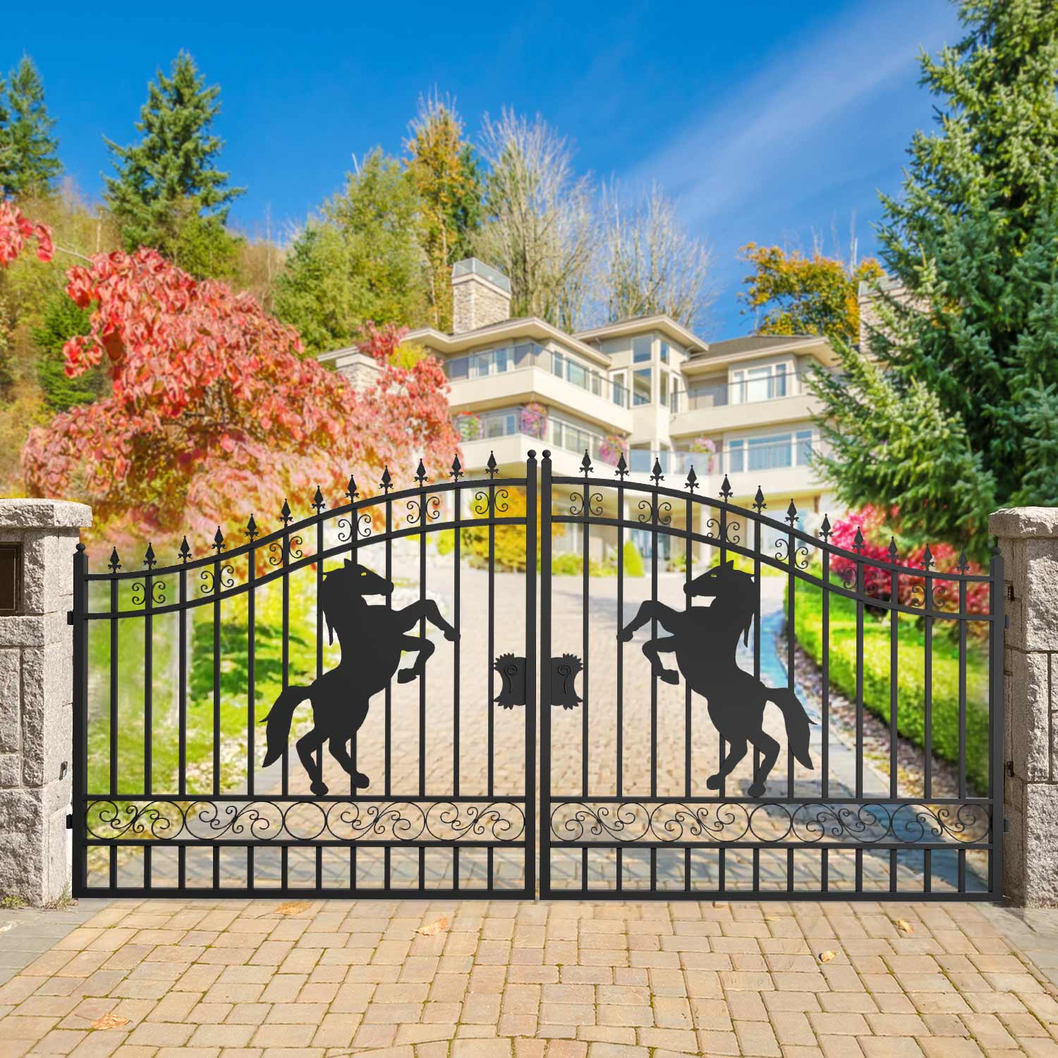 14 ft steel dual swing driveway gate with horse pattern for homes