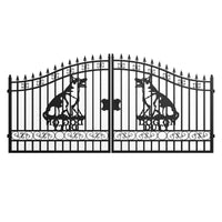 Decorative metal gate with dog designs on a white background