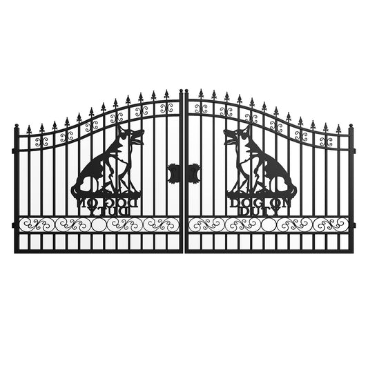 Decorative metal gate with dog designs on a white background