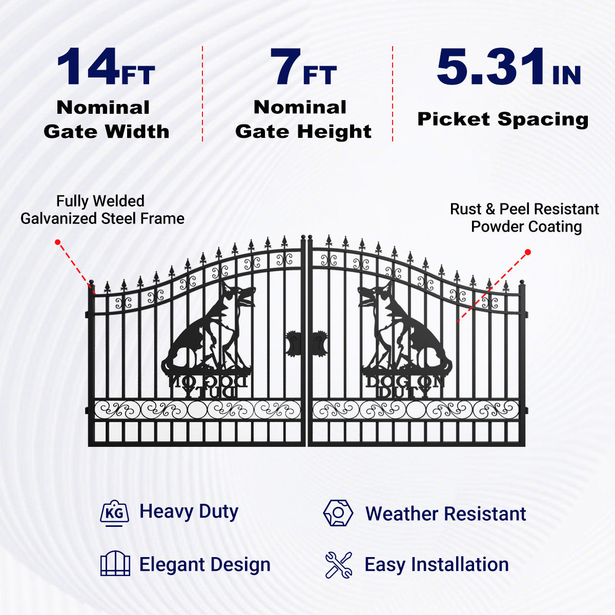 Wrought iron gate with specifications on a white background