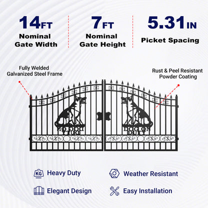 Wrought iron gate with specifications on a white background