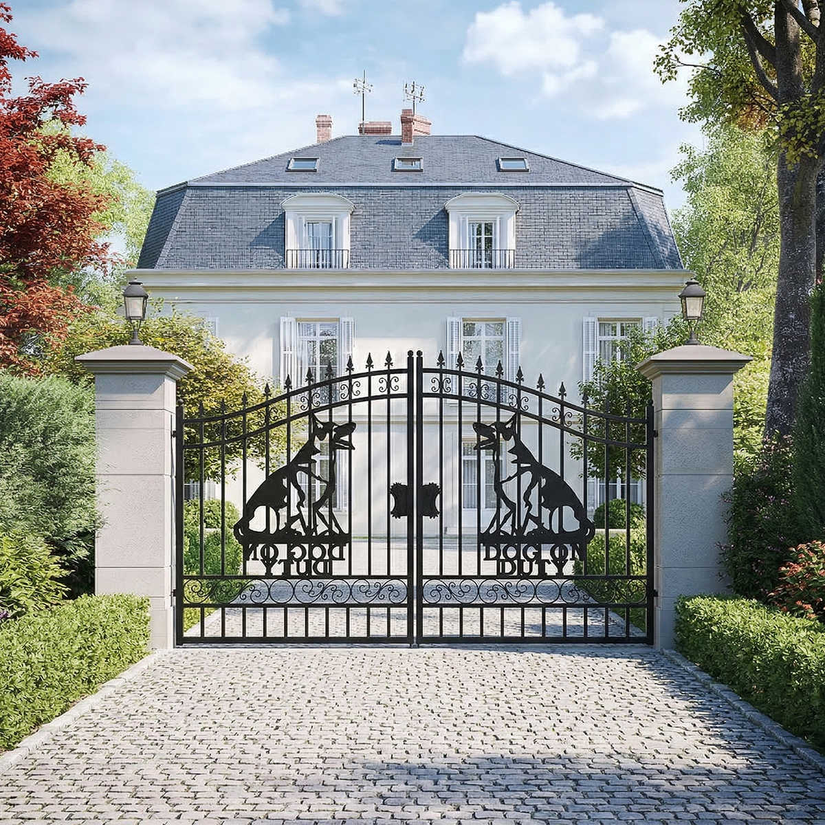 Luxury mansion with decorative metal gates featuring dog sculptures.