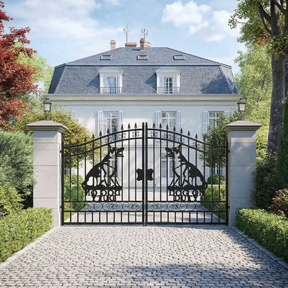 Luxury mansion with decorative metal gates featuring dog sculptures.