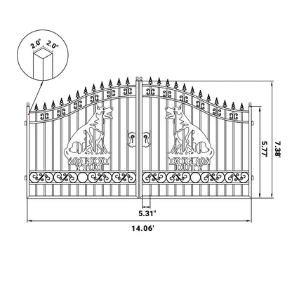 Technical drawing of an ornate gate with measurements