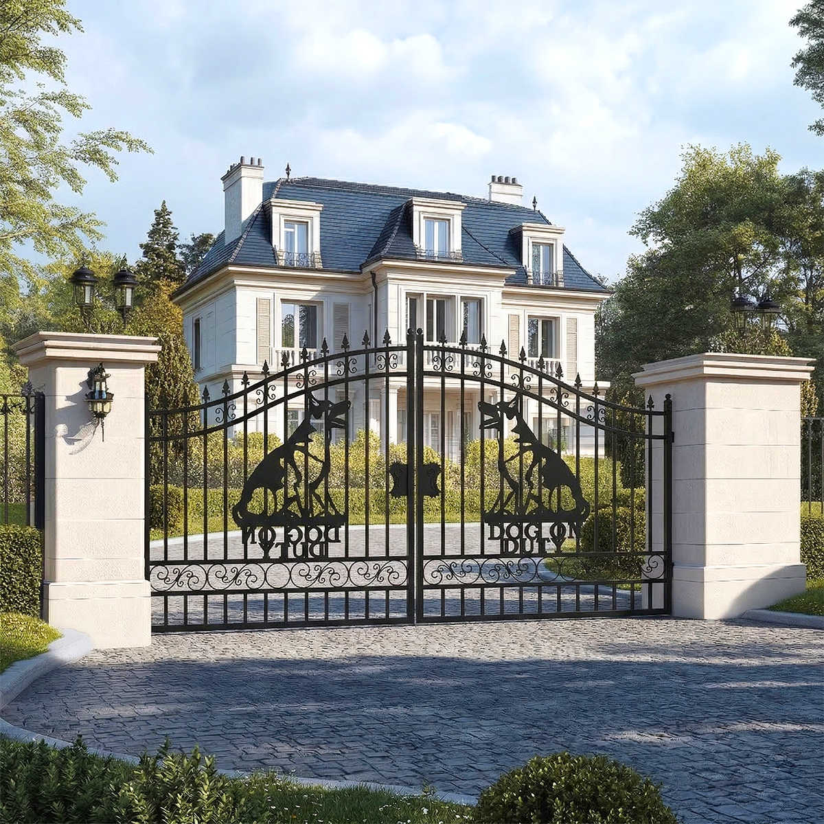 Luxury mansion with decorative black metal gate featuring dog designs.