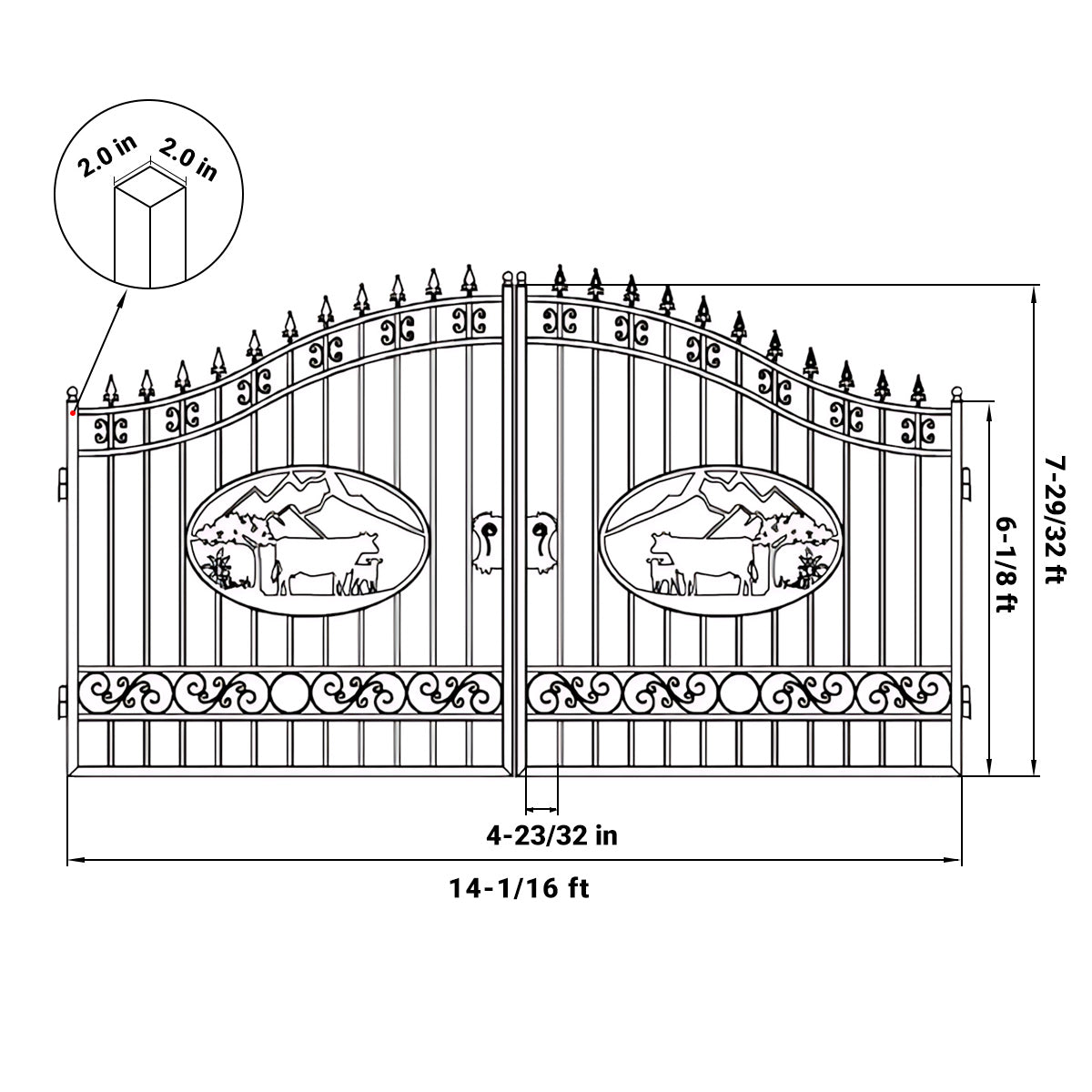 Technical line drawing of a decorative metal gate with dimensions