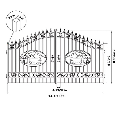 Technical line drawing of a decorative metal gate with dimensions