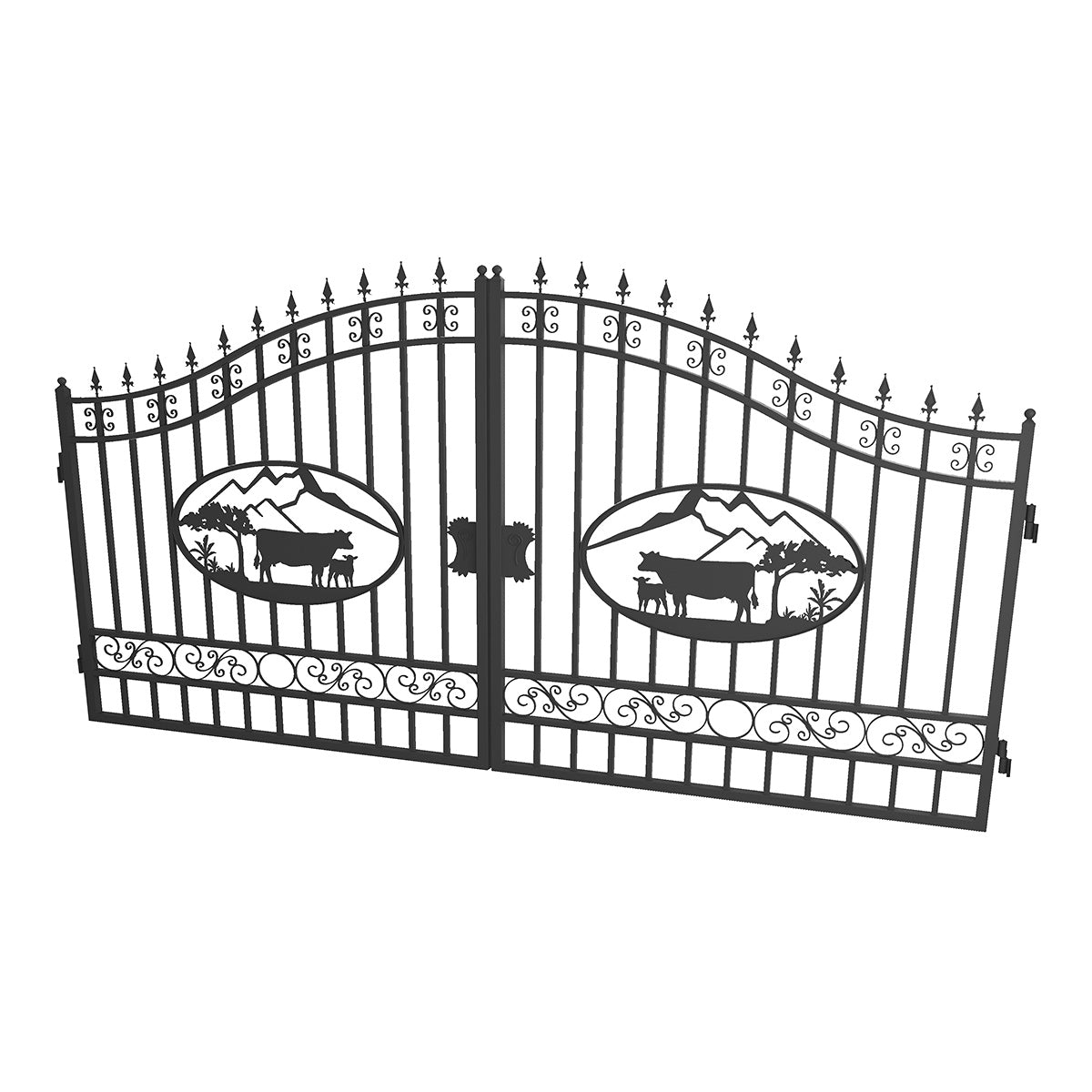 Black wrought iron double gate with decorative scrollwork