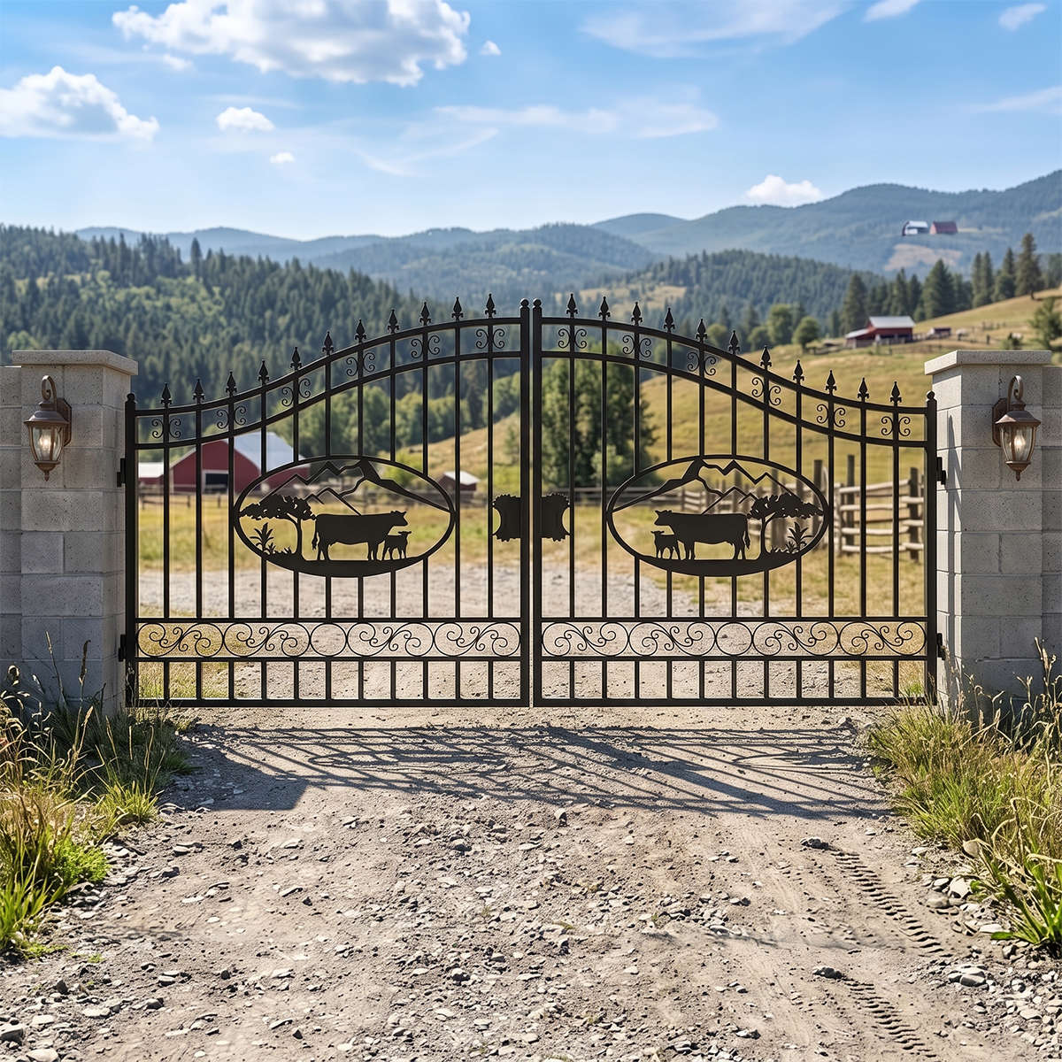 A large black wrought-iron double gate with decorative cow and mountain motifs