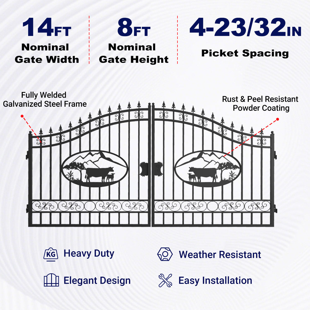 Large text at the top lists the nominal gate width, height, and picket spacing