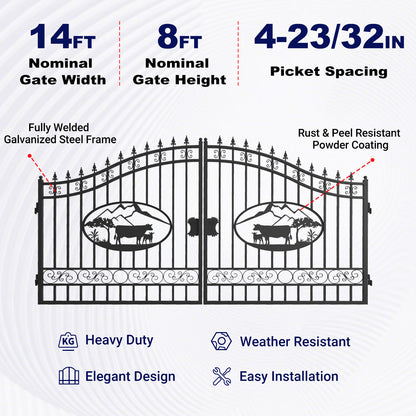 Large text at the top lists the nominal gate width, height, and picket spacing