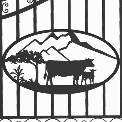 Black metal gate scroll design featuring an oval silhouette scene with mountains, trees, and a cow and calf